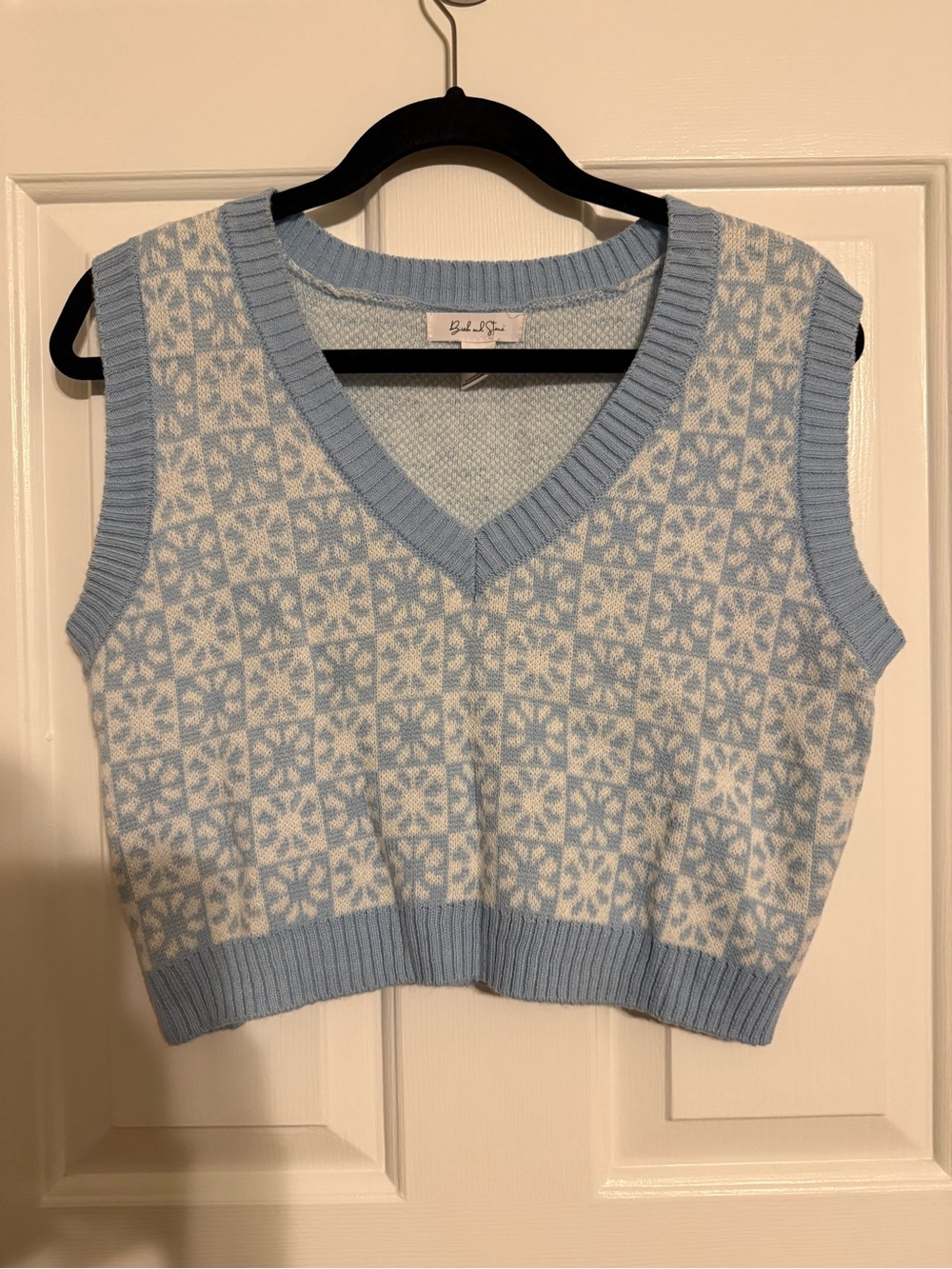 Birch and Stone Light Blue Floral Checkered Cropped Sweater Vest Size Large